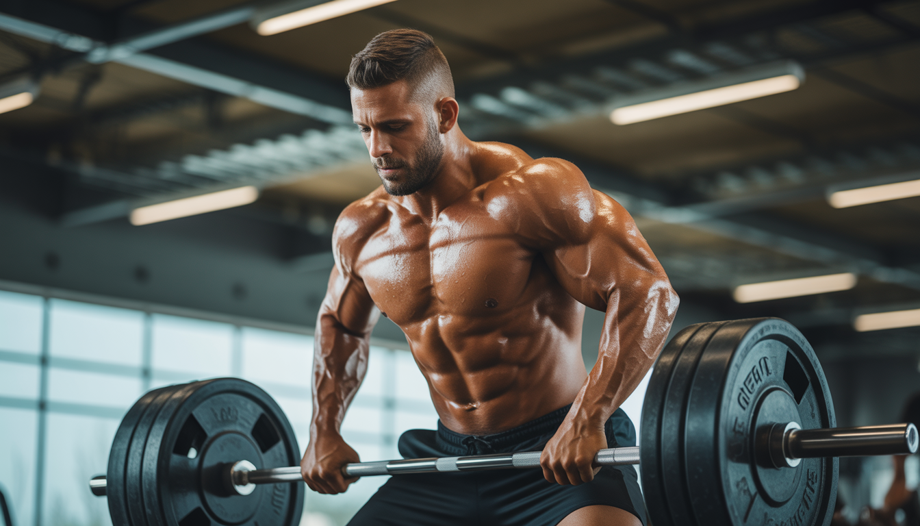 Durchtrainierter Mann hebt schwere Gewichte im Fitnessstudio