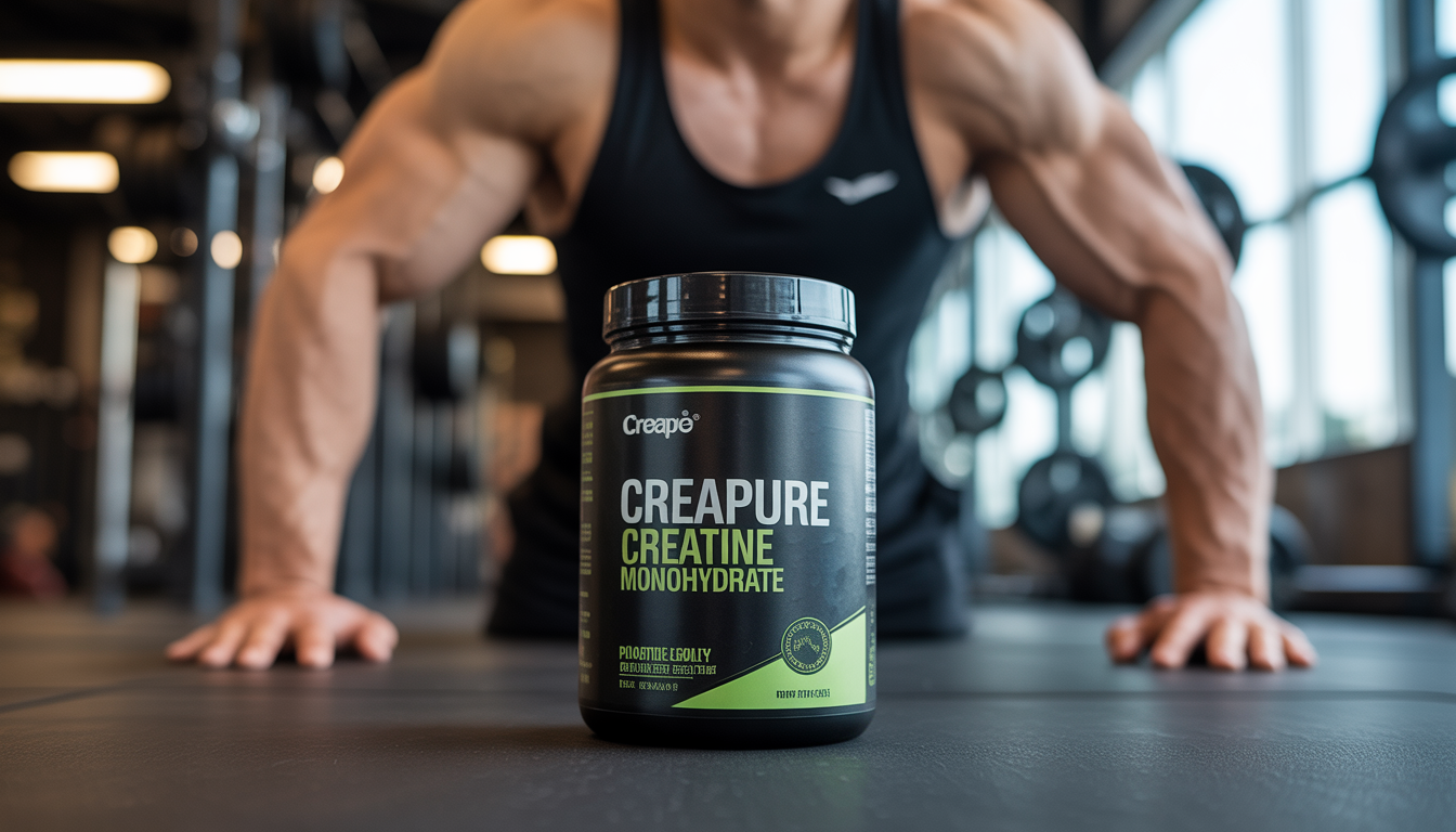 Creapure Kreatin-Monohydrat-Dose mit Fitnessgeräten und Muskelarm im Hintergrund