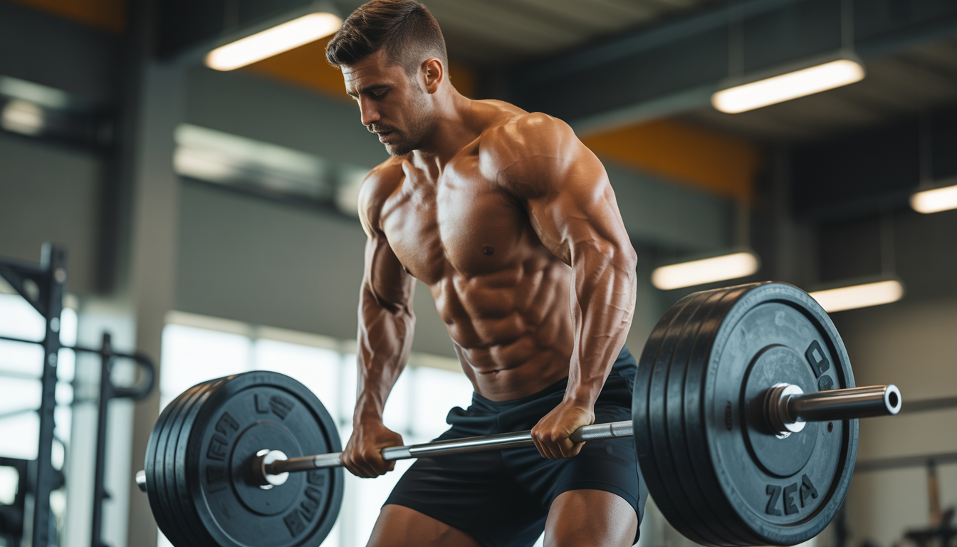 Männlicher Athlet hebt schwere Gewichte in einem Fitnessstudio mit leuchtenden Muskeln