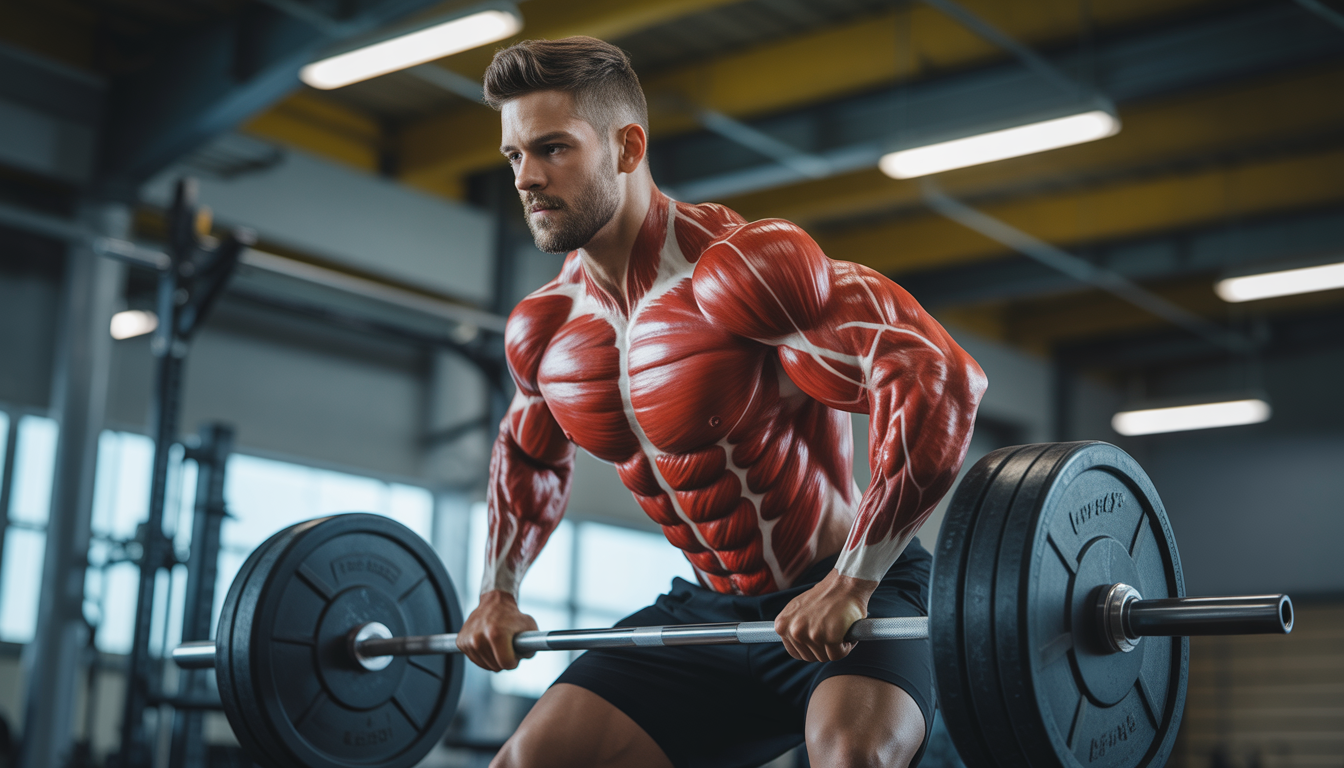 Athlet hebt Gewichte mit sichtbaren Muskelfasern im Fitnessstudio