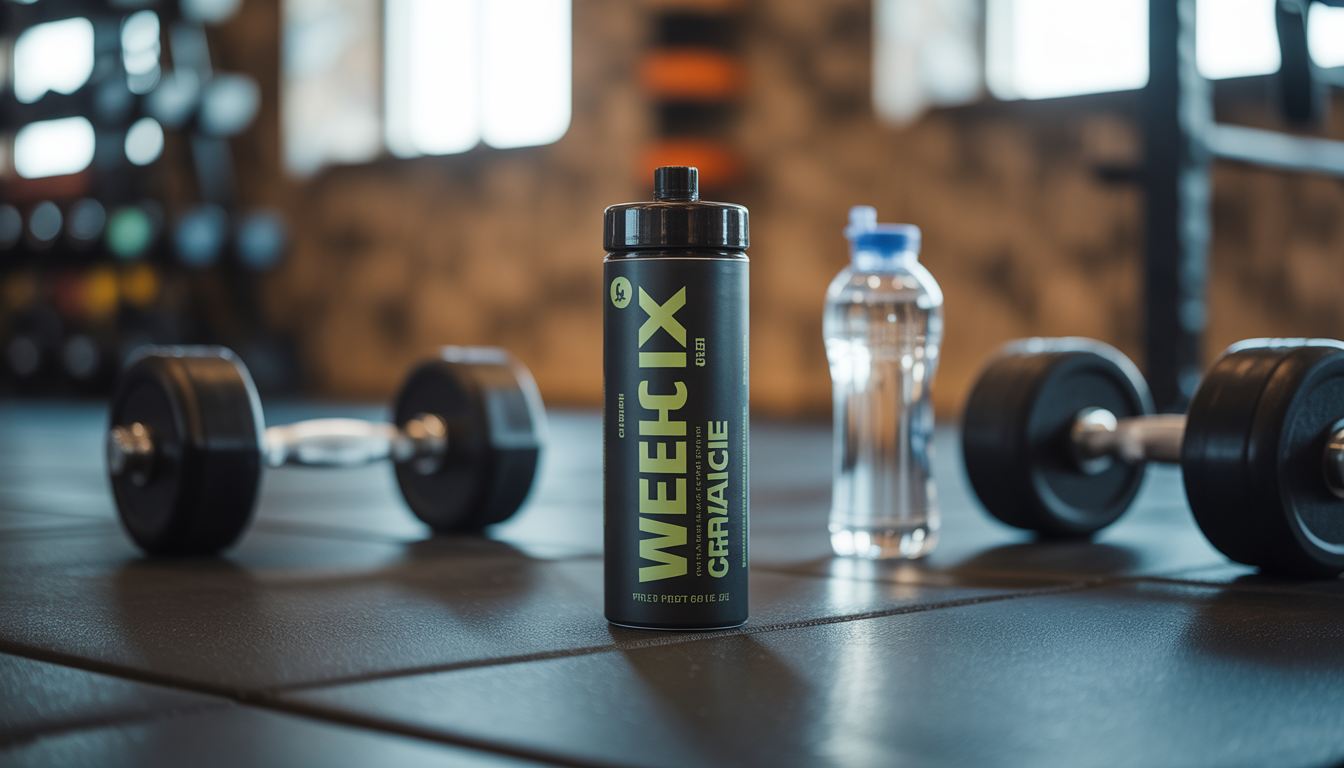 WellMix Kreatin-Stick auf dem Fitnessboden mit Hanteln und Wasserflasche