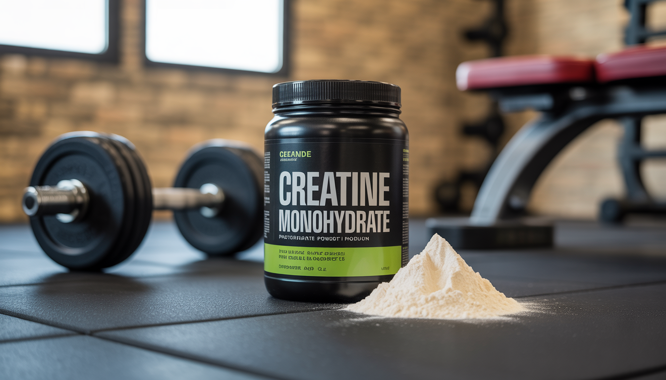 Dose mit Kreatin-Monohydrat vor Hanteln und Trainingsbank