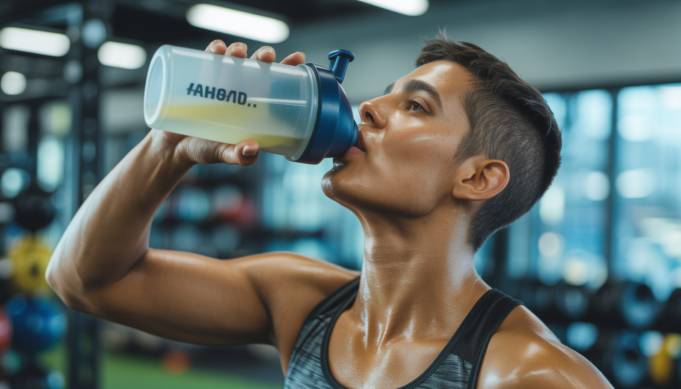 Athlet trinkt im Fitnessstudio aus einem Shaker, Gesicht verschwitzt
