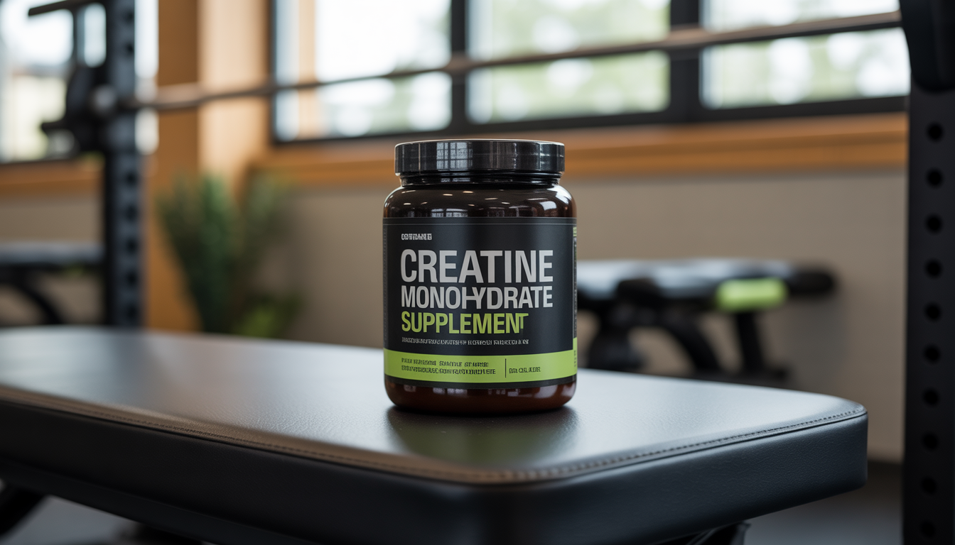 Kreatin-Monohydrat Dose mit minimalistischem Design auf Fitnessbank bei natürlichem Licht