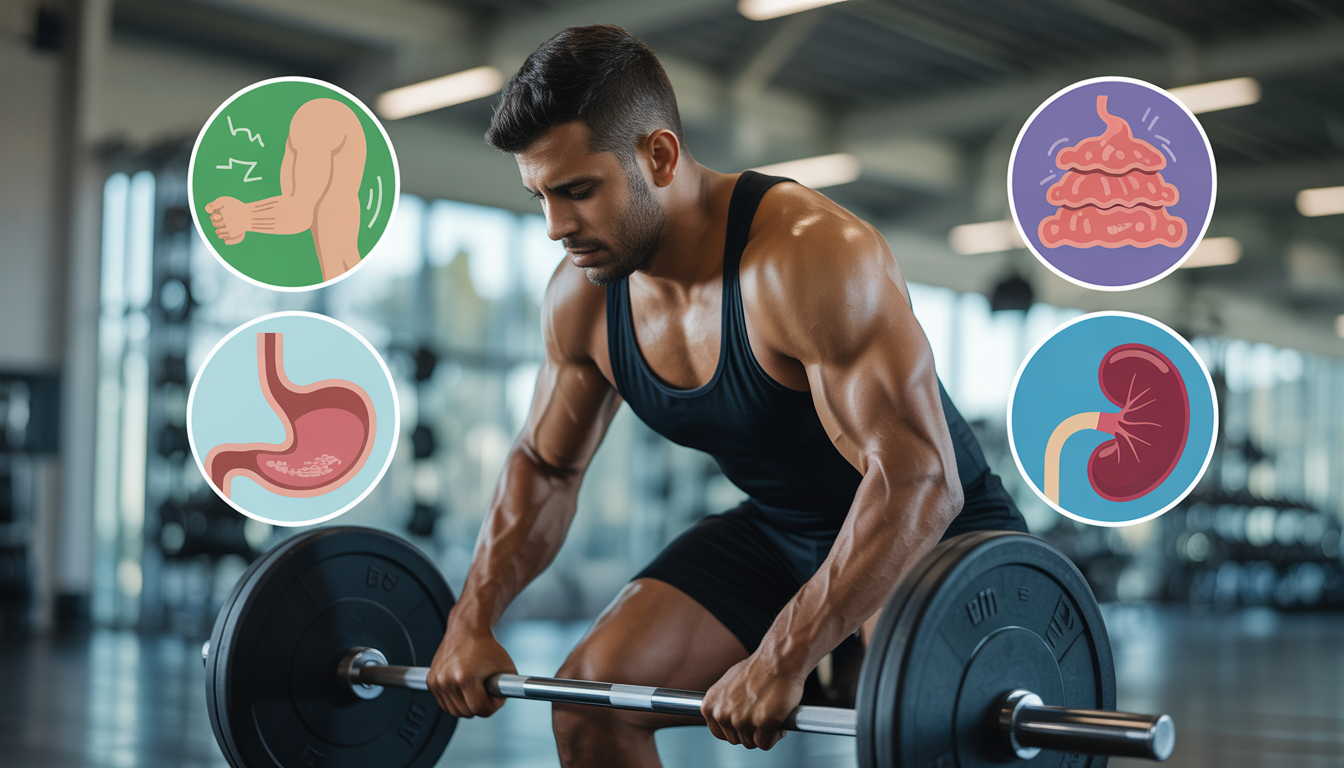 Athlet hebt Hanteln im Fitnessstudio mit Symbolen für Muskelkrämpfe, Magenbeschwerden, Wassereinlagerungen und Nierenwarnung