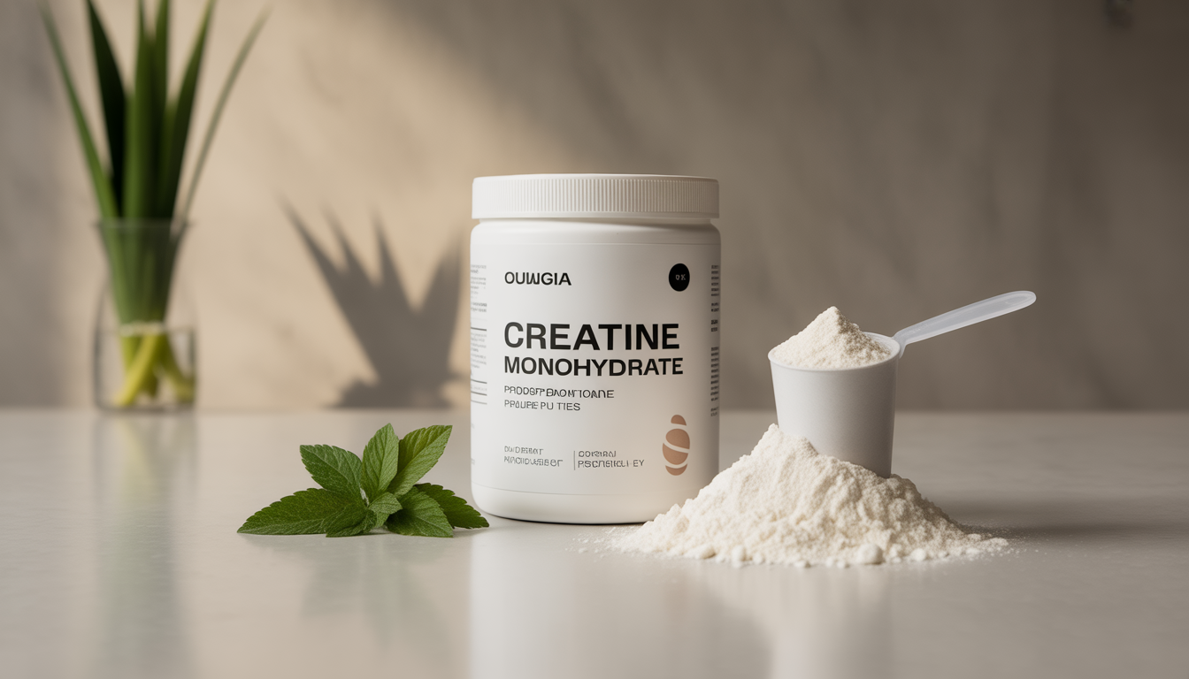 Behälter mit Kreatin-Monohydrat-Pulver auf weißer Fläche