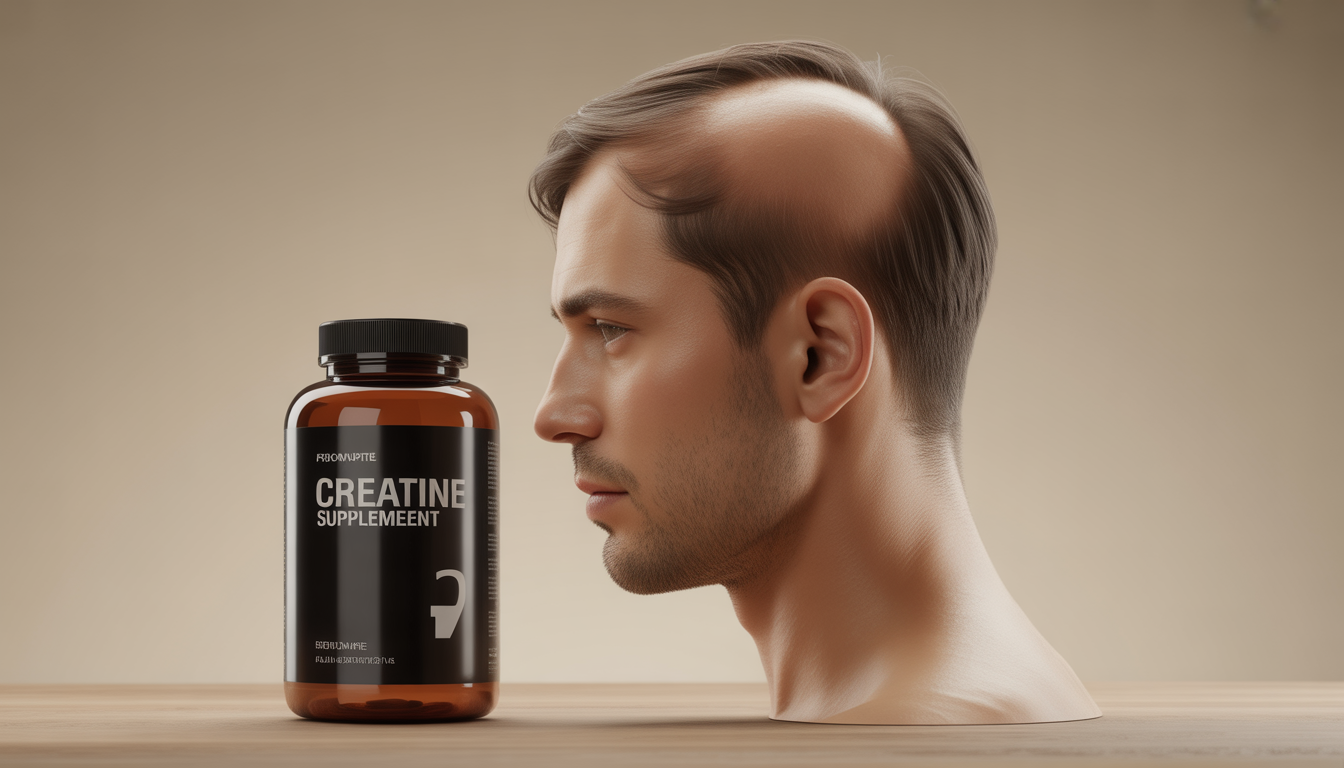 Kreatin-Supplement neben Kopf mit dünner werdendem Haar