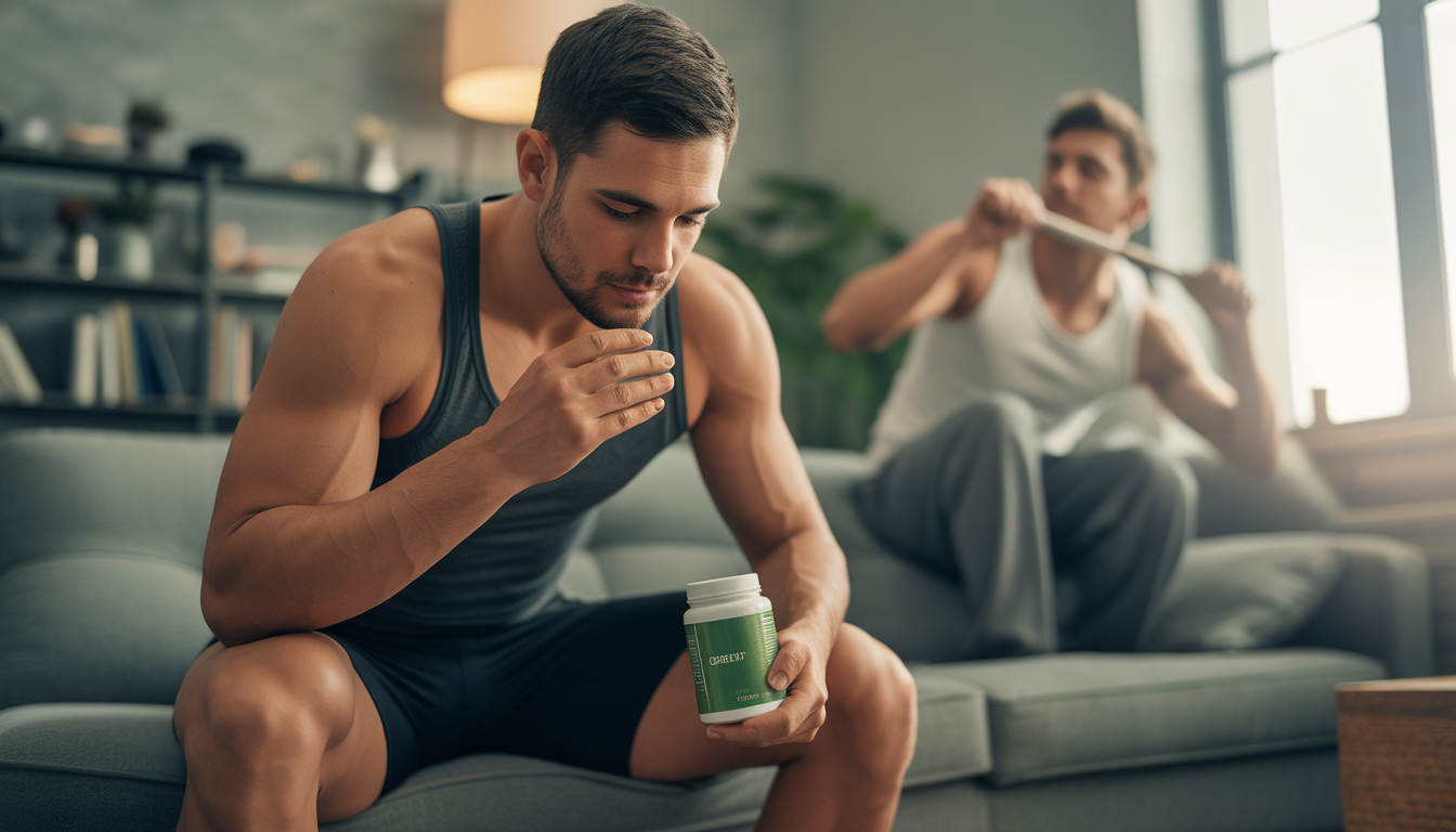 Männlicher Sportler nimmt morgens zu Hause Kreatin ein