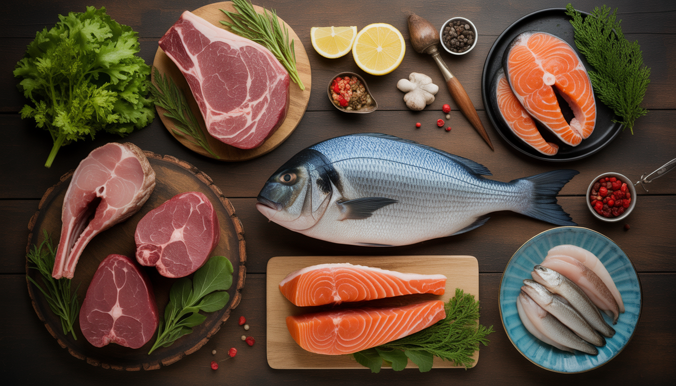 Auswahl von rotem Fleisch, Fisch und Meeresfrüchten auf Holzunterlage, von oben fotografiert