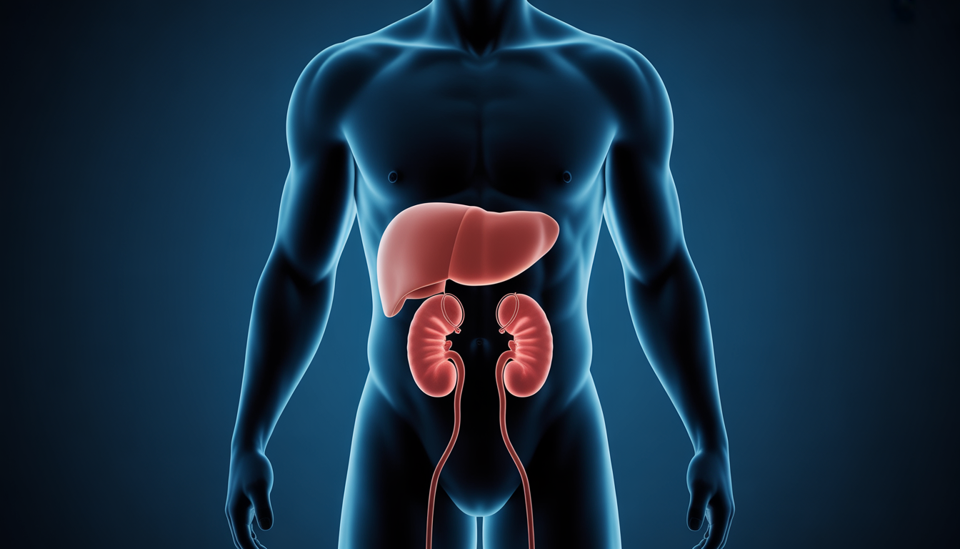 Medizinische Illustration eines menschlichen Körpers mit Markierungen an Bauch, Nieren und Gliedmaßen