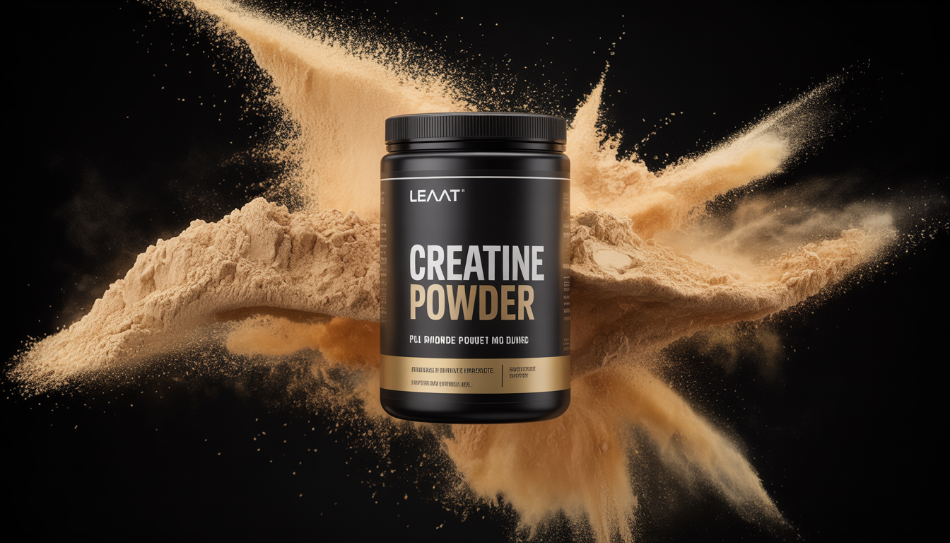 Kreatinpulver Dose mit feiner Textur auf dynamischem Fitnesshintergrund