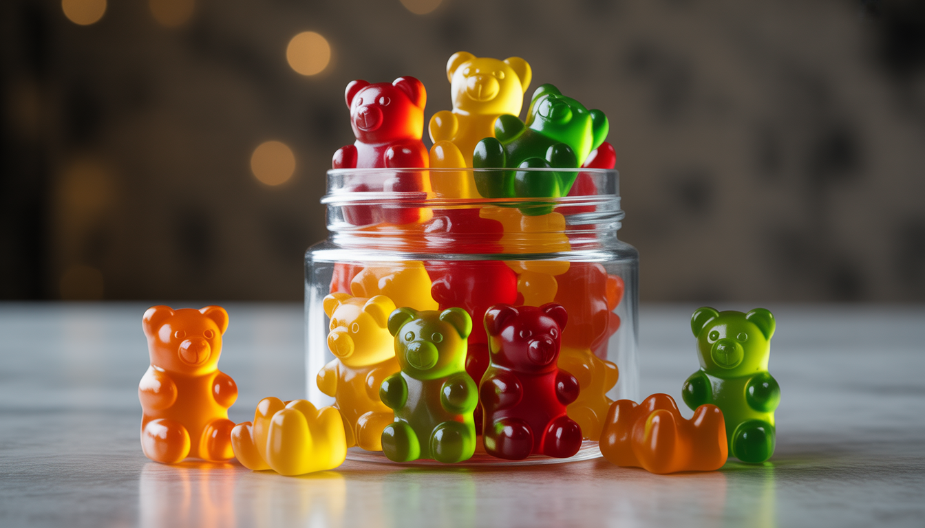 Glas mit bunten Gummibärchen in Bärenform, glänzend und fruchtig