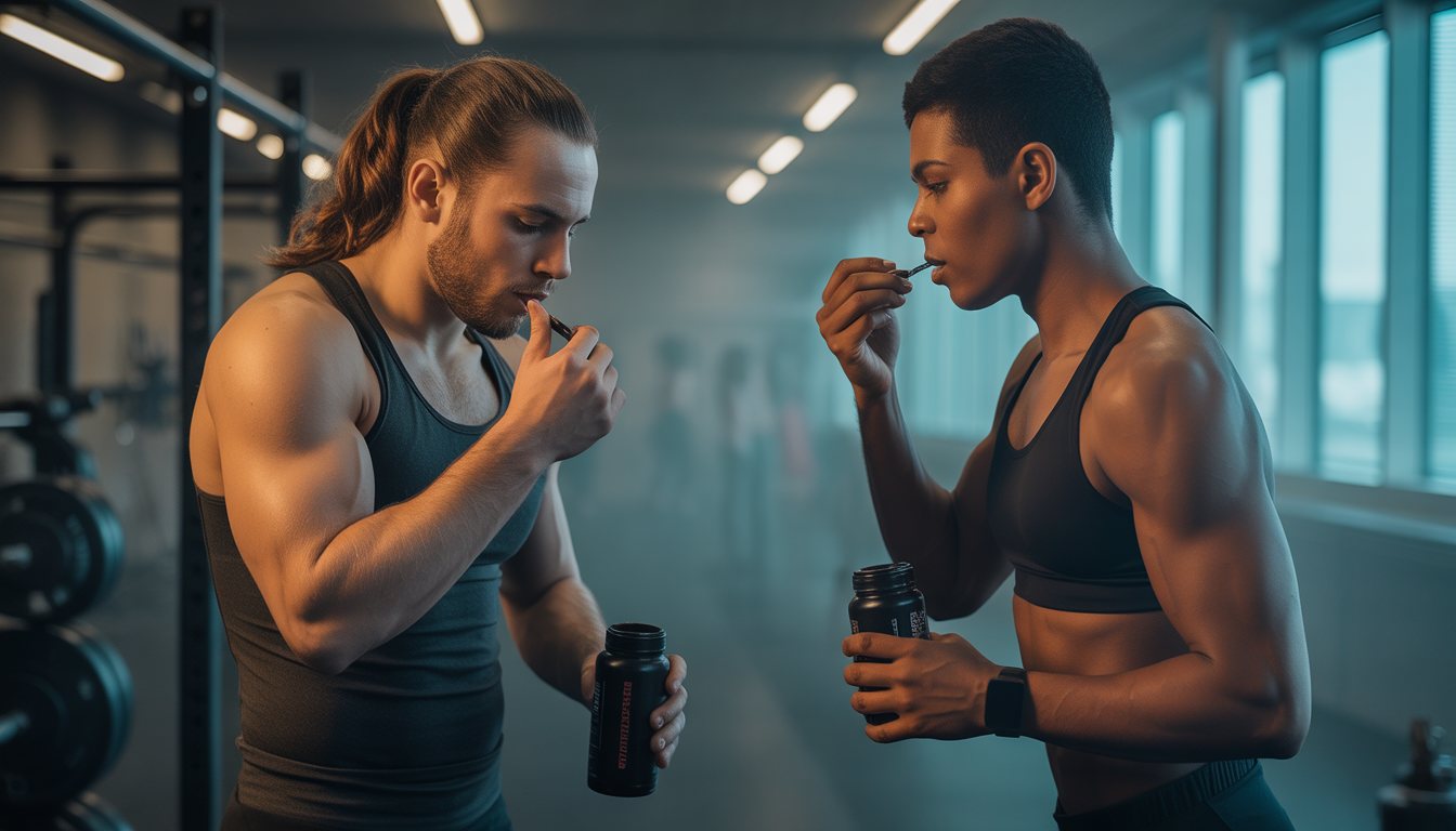 Zwei Sportler im Fitnessstudio, einer nimmt Kreatin vor dem Training, der andere nach dem Training