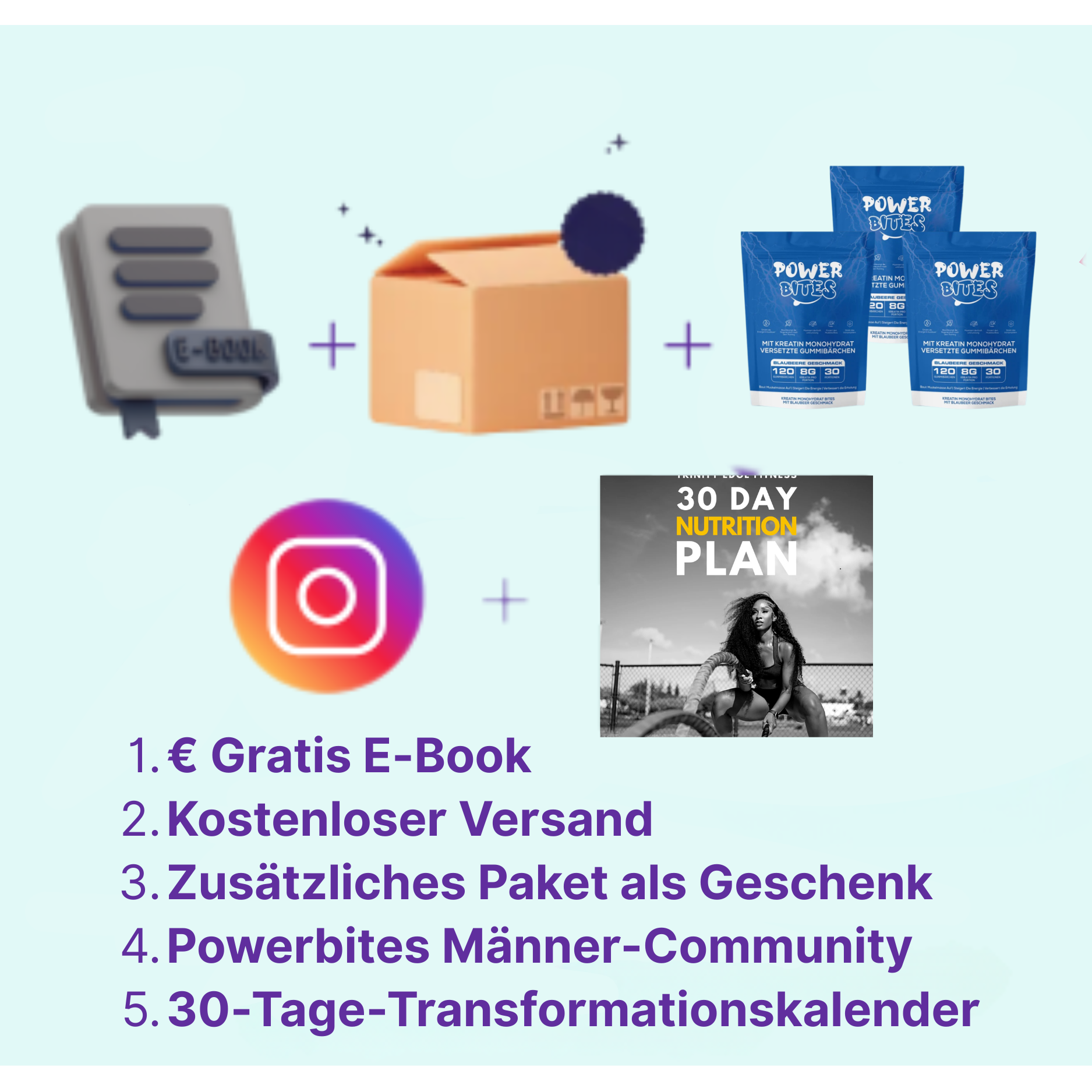 1× eBook + 3× Gratis-Packungen + Zugang zur Powerbites Männer-Community + Kostenloser Priority-Versand + 30-Tage-Transformationskalender